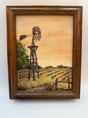 Vintage Framed Rural Landscape Windmill Oil Painting Southwest 8x10 Signed